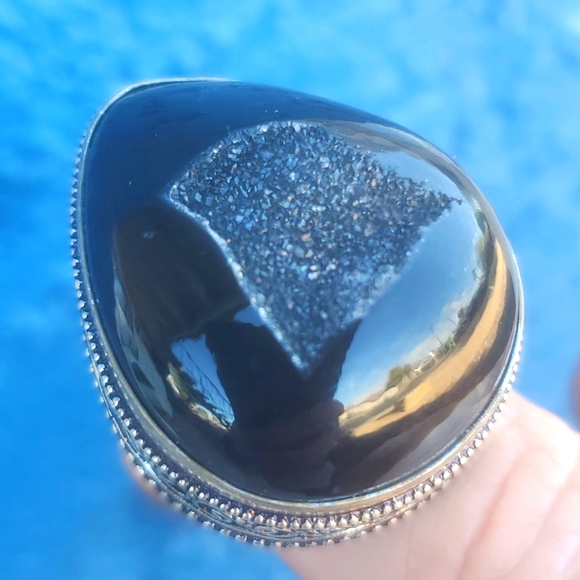 New Oversized Black Agate Druzy 925 Silver Ring. - Picture 2 of 16